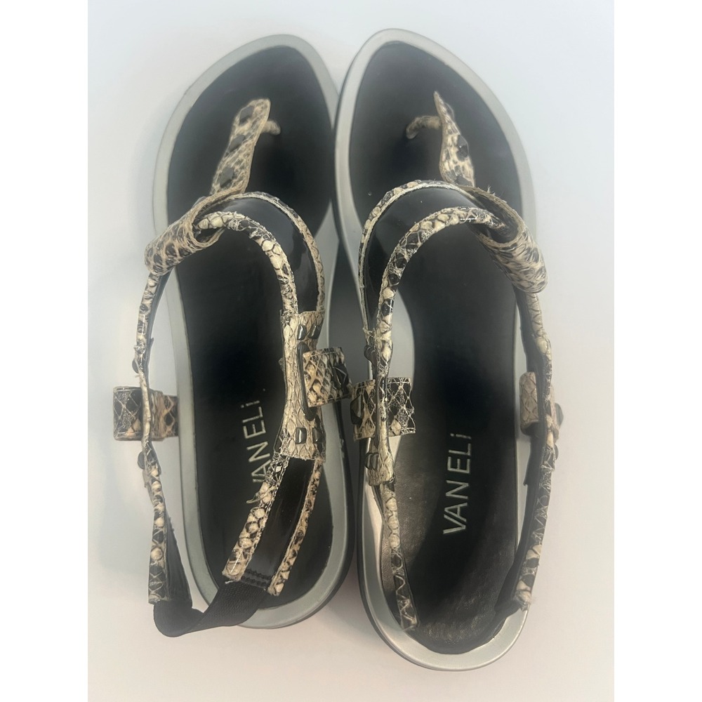 Vaneli Womens‎ Snakeskin Print Studded Slingback Thong Sandals Black Silver 8.5M